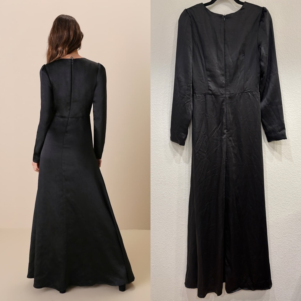 Size M NWOT Lulus Endearing Elegance Black Satin Long Sleeve Maxi Dress - Picture 6 of 10